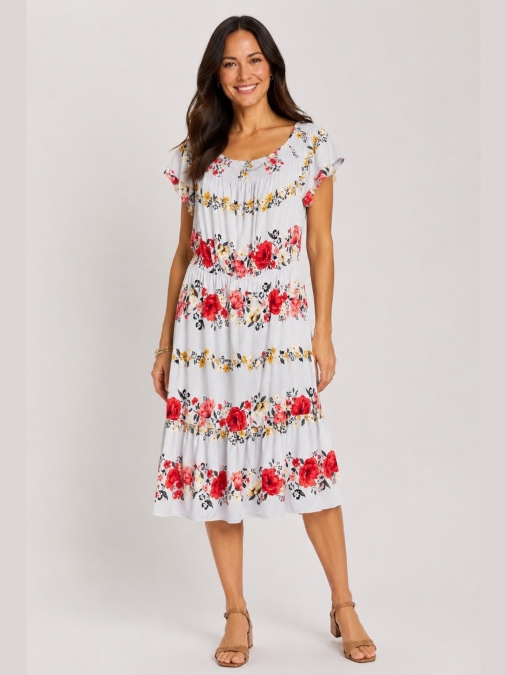 OLD NAVY 100% Rayon Floral Rose Print on Pale Grey Background Tiered Midi Dress